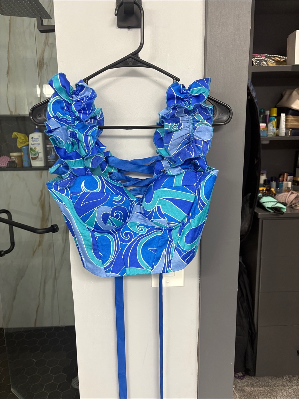 SHEIN Blue & Teal Ruffle Strap Crop Top
